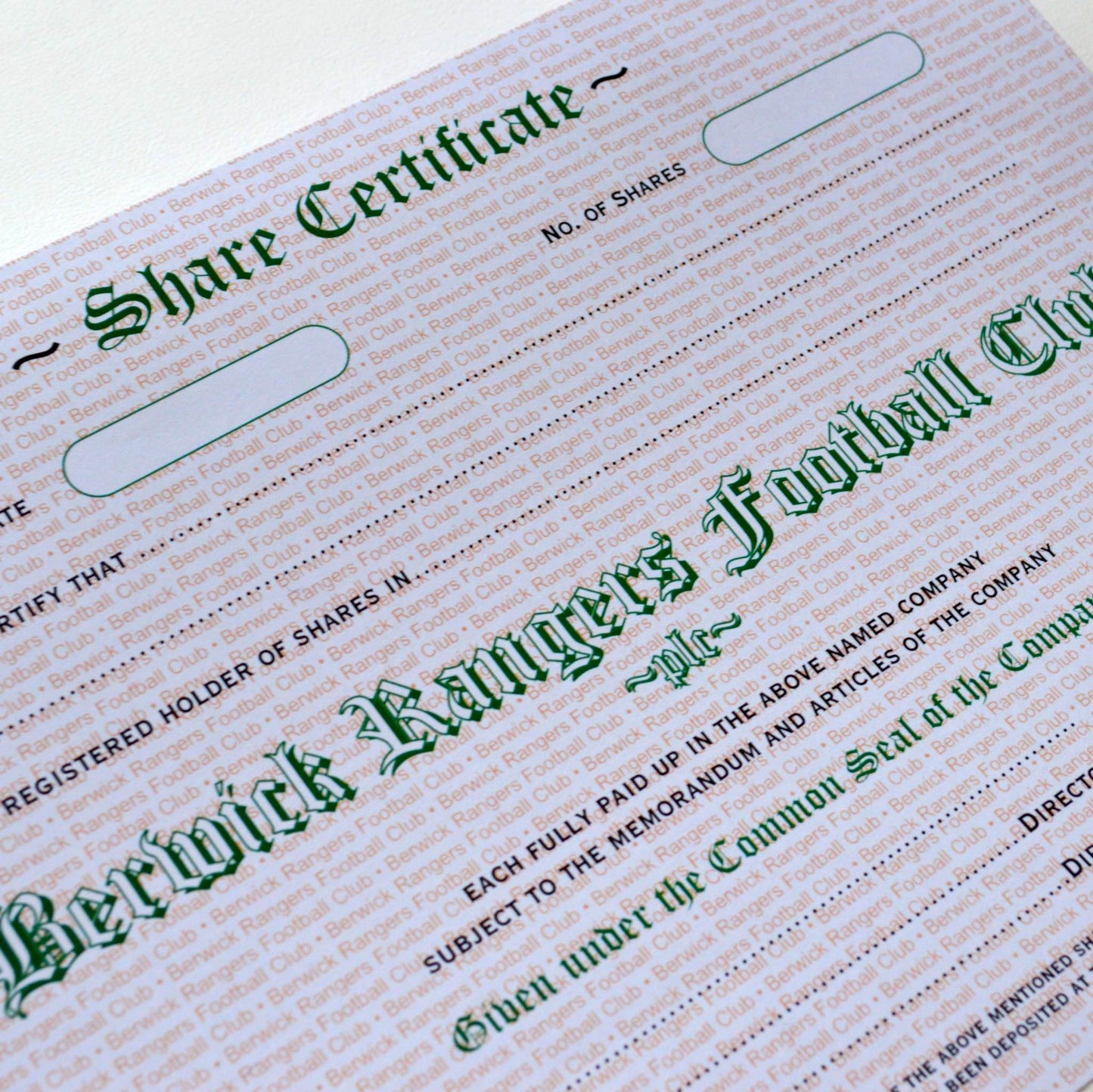Berwick Rangers Share Certificates